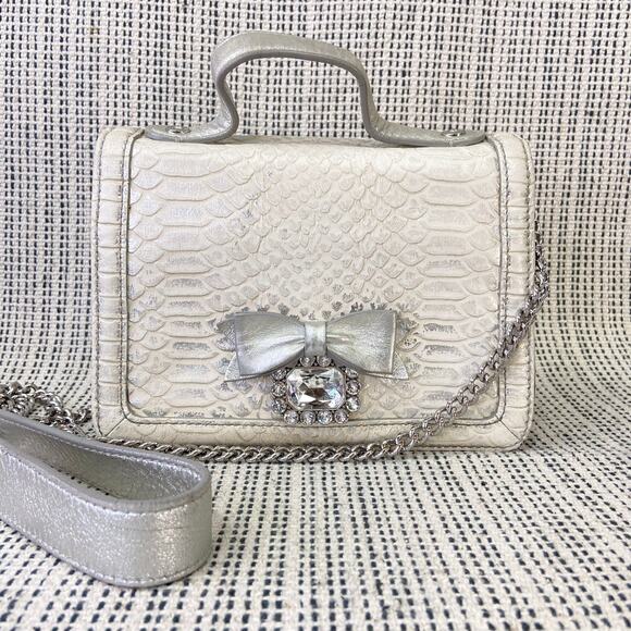 My Flat In London Mini Bag Y2K Glam Silver Top Handle Crossbody Rhinestone Bow - Picture 14 of 16